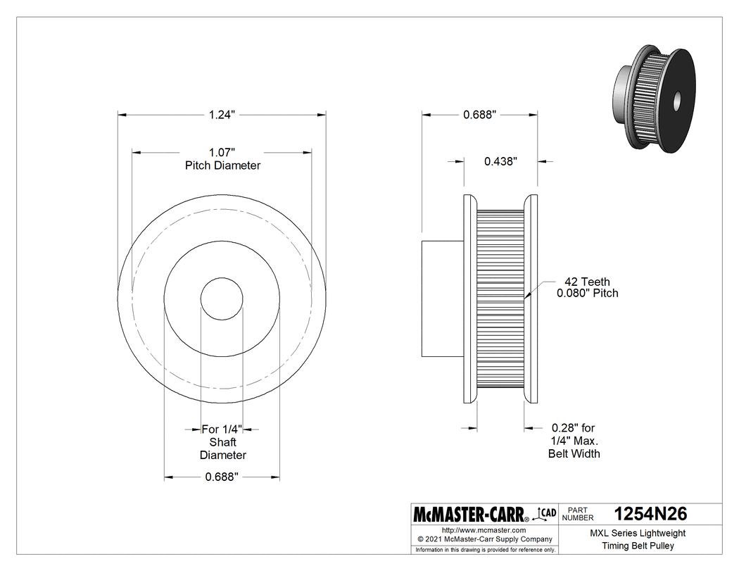 Technical Drawing of MXL Series Lightweight Timing Belt Pulley, 1.24" OD.